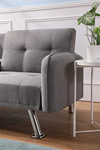 JULYFOX 75 inch Wider Futon Sofa Bed, Fabric Sofa Sleeper Bed with Holder Armrest 600lb Heavy Duty for Small Spaces(Light Gray)