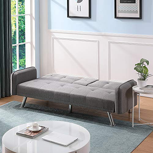 JULYFOX 75 inch Wider Futon Sofa Bed, Fabric Sofa Sleeper Bed with Holder Armrest 600lb Heavy Duty for Small Spaces(Light Gray)