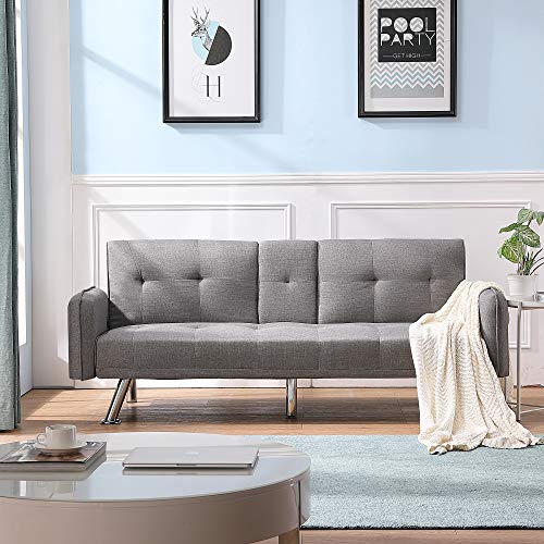 JULYFOX 75 inch Wider Futon Sofa Bed, Fabric Sofa Sleeper Bed with Holder Armrest 600lb Heavy Duty for Small Spaces(Light Gray)