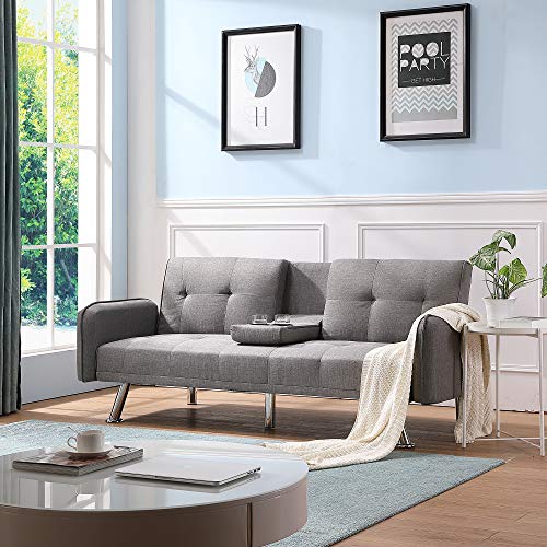 JULYFOX 75 inch Wider Futon Sofa Bed, Fabric Sofa Sleeper Bed with Holder Armrest 600lb Heavy Duty for Small Spaces(Light Gray)