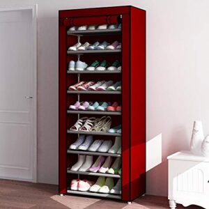 samanoya 10 tiers shoe rack,large shoe storage organizer cabinet tower with dustproof cover,space saving non-woven fabric stackable storage shelf shoe rack (red)