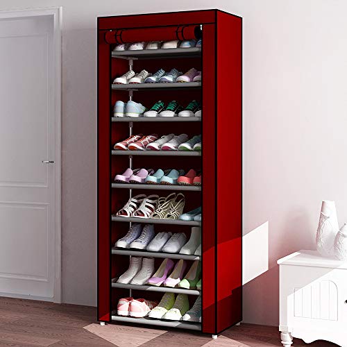 samanoya 10 Tiers Shoe Rack,Large Shoe Storage Organizer Cabinet Tower with Dustproof Cover,Space Saving Non-woven Fabric Stackable Storage Shelf Shoe Rack (Red)