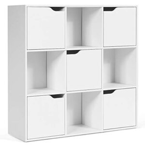 giantex 9-cube storage organizer, storage cabinet with 4 open cubes and 5 cabinets, free standing wooden cubby bookcase, compartment units for home office, 3-tier bookshelf for books, toys