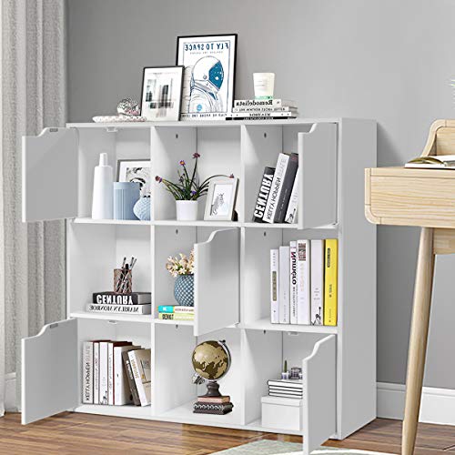 Giantex 9-Cube Storage Organizer, Storage Cabinet with 4 Open Cubes and 5 Cabinets, Free Standing Wooden Cubby Bookcase, Compartment Units for Home Office, 3-Tier Bookshelf for Books, Toys