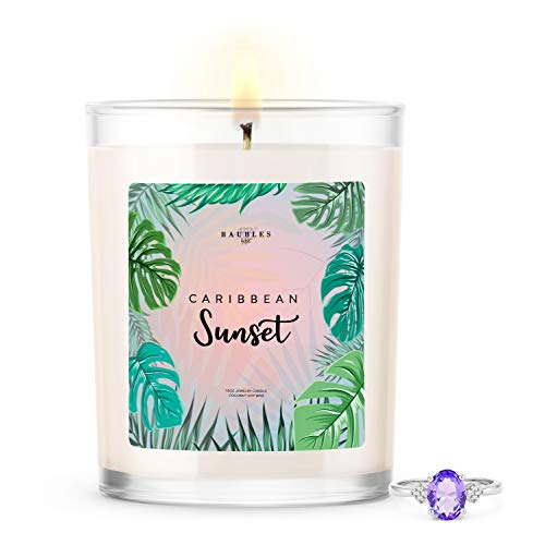 Kate Bissett Baubles Caribbean Sunsent Scented Premium Candle and Jewelry with Surprise Ring Inside | 10 oz Large Candle | Made in USA | Parrafin Free | Size 10