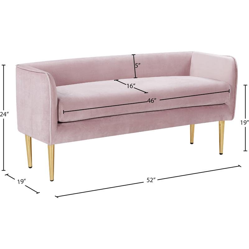 Meridian Furniture Audrey Collection Modern | Contemporary Velvet Upholstered Bench with Sturdy Metal Legs in Gold Finish, 52" W x 19" D x 24" H, Pink