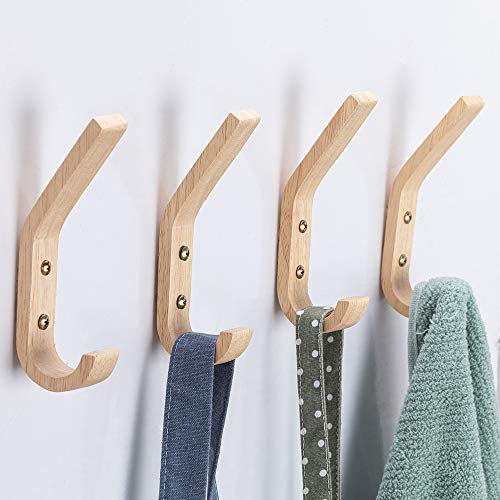 Fujinzhu Wood Hooks Wall Mounted, Coat Hooks Vintage Single Wall Hooks Organizer Heavy Duty for Towel Hat Hanging 4 Pack Oak