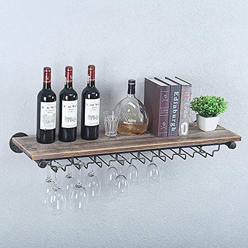 Industrial Pipe Shelving Hanging Stemware Racks,Rustic Wall Mounted Wine Rack with 8 Glass Holder,36in Steampunk Iron Floating Bar Shelves,Metal Real Wood Shelf Wall Shelf Stemware Holder