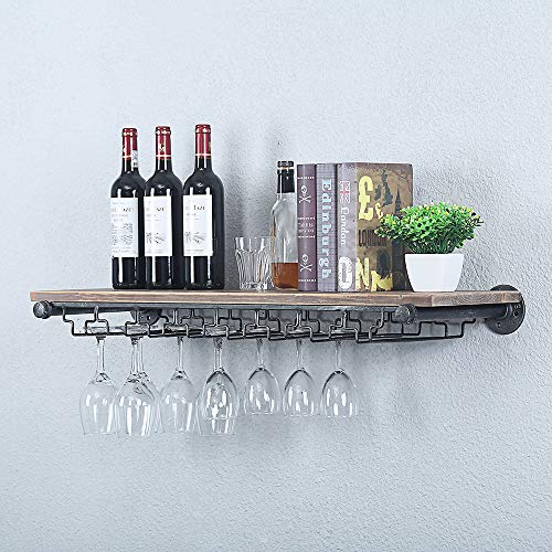 Industrial Pipe Shelving Hanging Stemware Racks,Rustic Wall Mounted Wine Rack with 8 Glass Holder,36in Steampunk Iron Floating Bar Shelves,Metal Real Wood Shelf Wall Shelf Stemware Holder
