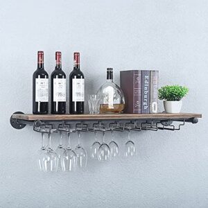 Industrial Pipe Shelving Hanging Stemware Racks,Rustic Wall Mounted Wine Rack with 8 Glass Holder,36in Steampunk Iron Floating Bar Shelves,Metal Real Wood Shelf Wall Shelf Stemware Holder