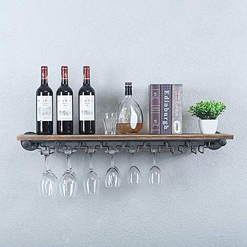 Industrial Pipe Shelving Hanging Stemware Racks,Rustic Wall Mounted Wine Rack with 8 Glass Holder,36in Steampunk Iron Floating Bar Shelves,Metal Real Wood Shelf Wall Shelf Stemware Holder