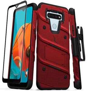 zizo bolt series for lg k51 / lg reflect case with screen protector kickstand holster lanyard - red & black