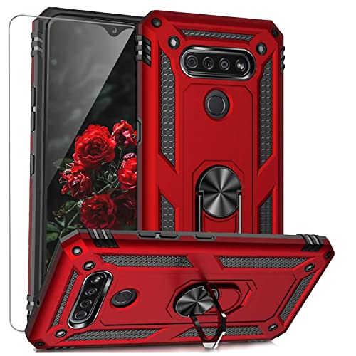 TJS Compatible with LG K51 Case, LG Q51 Case, LG Reflect Case, with [Tempered Glass Screen Protector][Defender][Metal Ring][Magnetic Support] Kickstand Heavy Duty Drop Protector Phone Case (Red)