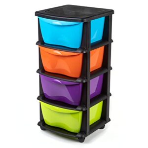 maxi nature plastic storage drawers on wheels - sturdy frame, durable, heavy duty organiser - 4 tier large storage unit for bedroom, bathroom, garage, office - made in europe - multicolour