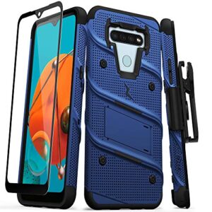 zizo bolt series for lg k51 / lg reflect case with screen protector kickstand holster lanyard - blue & black
