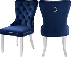 meridian furniture carmen collection modern | contemporary velvet upholstered dining chair with button tufting and chrome metal legs, set of 2, navy, 21.5" w x 27" d x 39.5" h