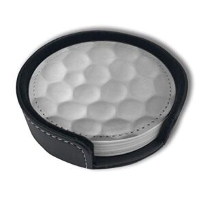 white golf ball coasters for drinks with holder, leather coasters set of 6, round cups mugs mat pad for home kitchen