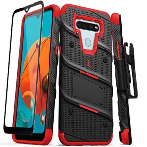 zizo bolt series for lg k51 / lg reflect case with screen protector kickstand holster lanyard - black & red