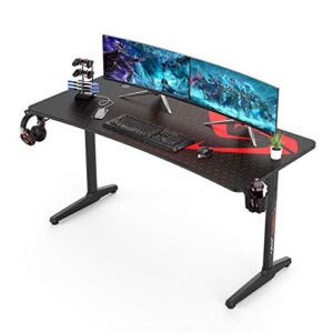 it's_organized gaming desk, 60 inch computer desk carbon fiber surface gamer desk with free mouse pad, t-shaped professional gaming table with usb gaming rack, cup holder & headphone hooks, (black)