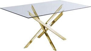 meridian furniture xander collection modern | contemporary tempered glass top dining table with durable metal base, 60" w x 36" d x 30" h, gold finish
