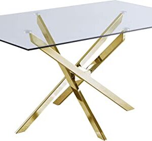 Meridian Furniture Xander Collection Modern | Contemporary Tempered Glass Top Dining Table with Durable Metal Base, 60" W x 36" D x 30" H, Gold Finish