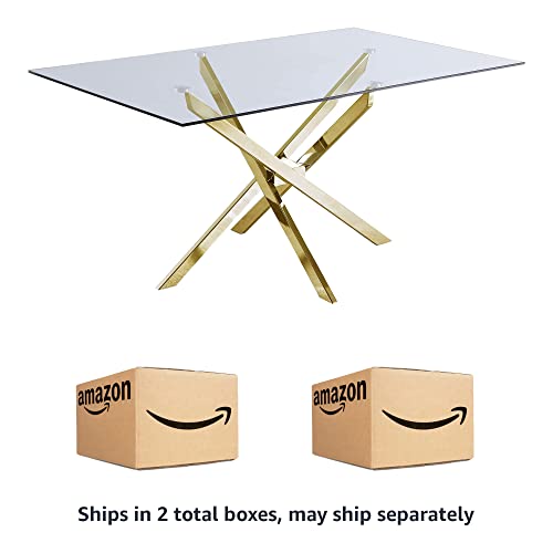 Meridian Furniture Xander Collection Modern | Contemporary Tempered Glass Top Dining Table with Durable Metal Base, 60" W x 36" D x 30" H, Gold Finish