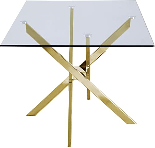 Meridian Furniture Xander Collection Modern | Contemporary Tempered Glass Top Dining Table with Durable Metal Base, 60" W x 36" D x 30" H, Gold Finish