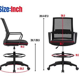 Drafting Chair Tall Office Chair Adjustable Height with Lumbar Support Arms Footrest Mid Back Desk Chair Swivel Rolling Mesh Computer Chair for Adults Standing Desk Drafting Stool(Black)