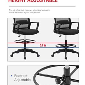 Drafting Chair Tall Office Chair Adjustable Height with Lumbar Support Arms Footrest Mid Back Desk Chair Swivel Rolling Mesh Computer Chair for Adults Standing Desk Drafting Stool(Black)