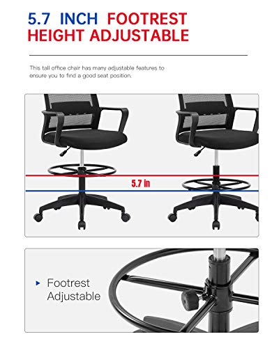 Drafting Chair Tall Office Chair Adjustable Height with Lumbar Support Arms Footrest Mid Back Desk Chair Swivel Rolling Mesh Computer Chair for Adults Standing Desk Drafting Stool(Black)