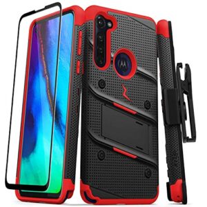 zizo bolt series for moto g stylus (2020) case with screen protector kickstand holster lanyard - black & red