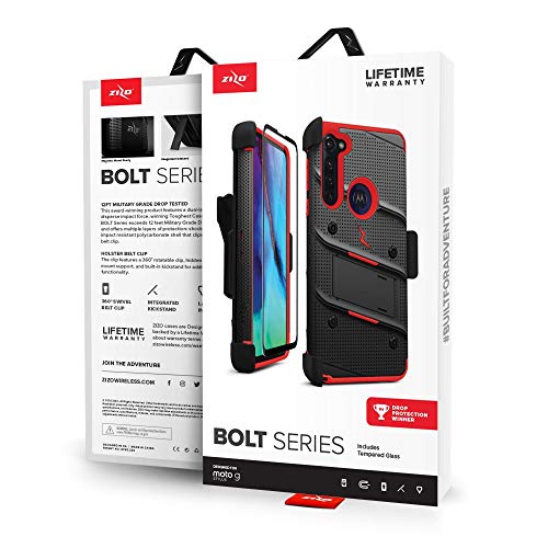 ZIZO Bolt Series for Moto G Stylus (2020) Case with Screen Protector Kickstand Holster Lanyard - Black & Red