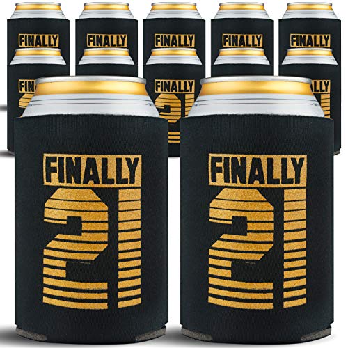 21st Birthday Party Decorations for Him, Insulated Can Coolers for Birthday Party Favors for Men, Soda and Beer Sleeves Birthday Party Supplies for Guys, 12-Pack, Black & Gold