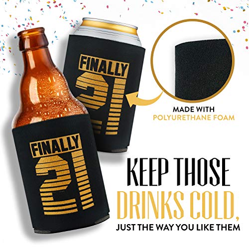 21st Birthday Party Decorations for Him, Insulated Can Coolers for Birthday Party Favors for Men, Soda and Beer Sleeves Birthday Party Supplies for Guys, 12-Pack, Black & Gold