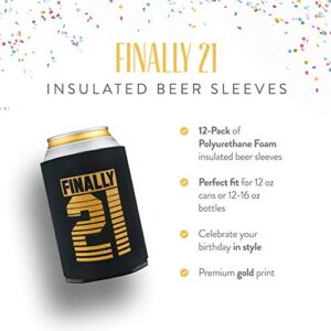 21st Birthday Party Decorations for Him, Insulated Can Coolers for Birthday Party Favors for Men, Soda and Beer Sleeves Birthday Party Supplies for Guys, 12-Pack, Black & Gold