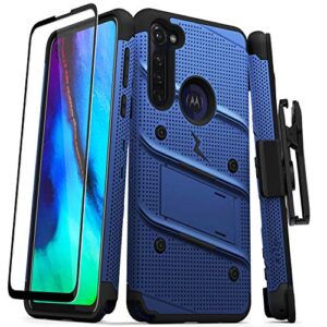 zizo bolt series for moto g stylus (2020) case with screen protector kickstand holster lanyard - blue & black