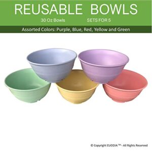 30 Oz Bamboo Fiber Plastic Deep Bowls for Cereal, Soup, Rice, Salad, Snack / Pop Corn, Dessert & Noodle (Set of 5)-Dishwasher & Microwave Safe-Unbreakable Reusable Lightweight Eco Friendly & BPA Free