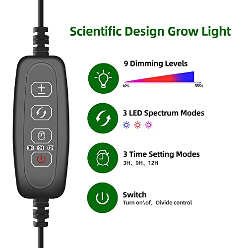 Grow Lights for Indoor Plants, Grow Light with Red Blue Full Spectrum, 3 Switch Modes LED Grow Light with Adjustable Gooseneck, 9 Dimmable Levels Plant Lights for Indoor Plants with Automatic Timer