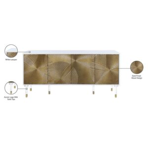 Meridian Furniture Bellissimo Collection Modern | Contemporary Lacquer Sideboard/Buffet Tipped Acrylic Legs Wood Design, 64" W x 18" D x 31" H, White/Gold