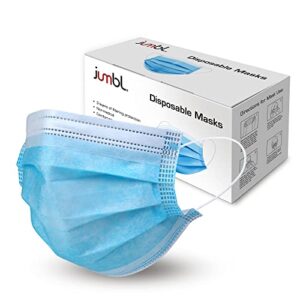 jumbl face mask [50 pack] single use disposable blue face mask, 3-ply masks with elastic earloops