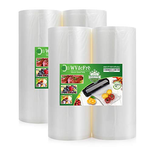 WVacFre 4Pack 8X50 (Total 200 Feet) Food Vacuum Sealer Bags Rolls with Commercial Grade,BPA Free,Heavy Duty,Great for Food Vac Storage or Sous Vide Cooking