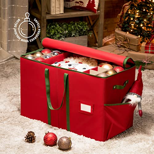 ZOBER Christmas Ornament Storage Box - Stores 80 Ornaments W/Dividers - Christmas Ornament, Figurines, and Accessory Storage Containers - Side Pocket, Card Slot, Durable - Red