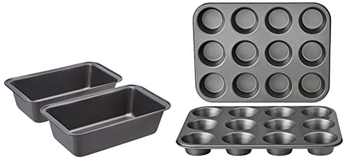 Amazon Basics Nonstick Baking Bread Loaf Pan, 9.5 x 5 Inch, Set of 2 & Nonstick Muffin Baking Pan, 12 Cups - Set of 2