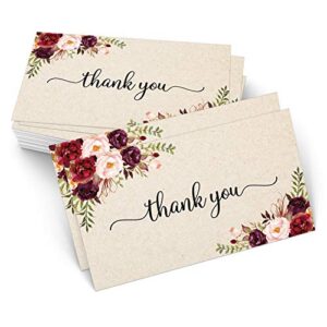 321done thank you notecards small (set of 50) business card size 3.5" x 2" – red roses on rustic kraft tan - for gifts, parties, weddings, small home business, and any occasion- made in usa – floral