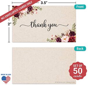 321Done Thank You Notecards Small (Set of 50) Business Card Size 3.5" x 2" – Red Roses on Rustic Kraft Tan - for Gifts, Parties, Weddings, Small Home Business, and Any Occasion- Made in USA – Floral