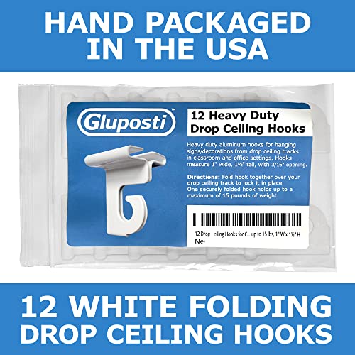 12 Folding Drop Ceiling Hooks for Classrooms & Offices, White Heavy Duty Ceiling Hooks for Hanging Plants & Decorations, Metal T-Bar Hooks for Suspended Drop Ceiling Tiles, Holds 15lbs, 1" W x 1½" H