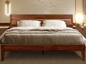 acacia emery bed frame with headboard solid wood platform bed, king size bed frame, sturdy natural wood bed compatible with all mattress types, no box spring needed, wood slats support, chocolate