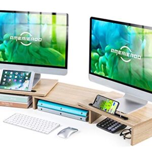 AMERIERGO Dual Monitor Stand -Adjustable Length and Angle Dual Monitor Riser, Computer Monitor Stand w/2 Slot, Desktop Organizer, Monitor Stand Riser for PC, Computer, Laptop (Wood)