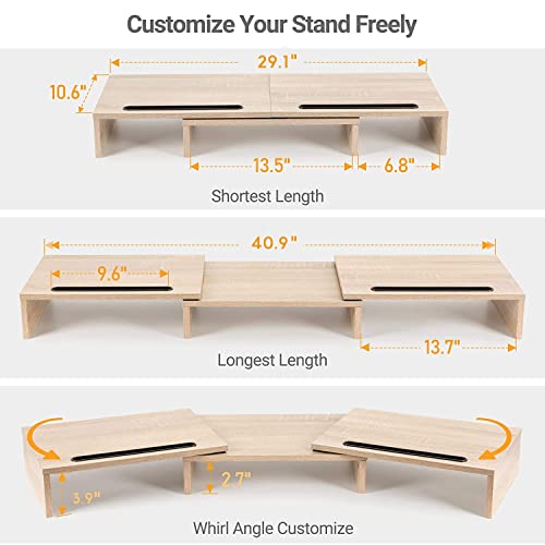 AMERIERGO Dual Monitor Stand -Adjustable Length and Angle Dual Monitor Riser, Computer Monitor Stand w/2 Slot, Desktop Organizer, Monitor Stand Riser for PC, Computer, Laptop (Wood)