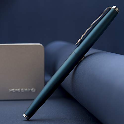 HongDian 525 Dark Blue Fountain Pen, Extra Fine Nib Classic Pen Includes Metal Pen Case and Refillable Converter